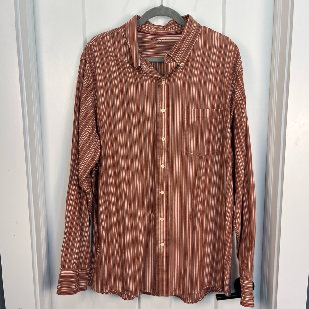 Sonoma Men’s‎ Button Up Shirt XL Tall Burnt Orange Blue White Stripe 100% Cotton